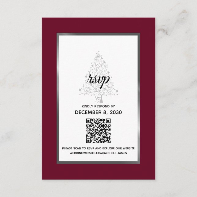 Cartão RSVP Código QR do Casamento no inverno Burgundy Silver  (Frente)