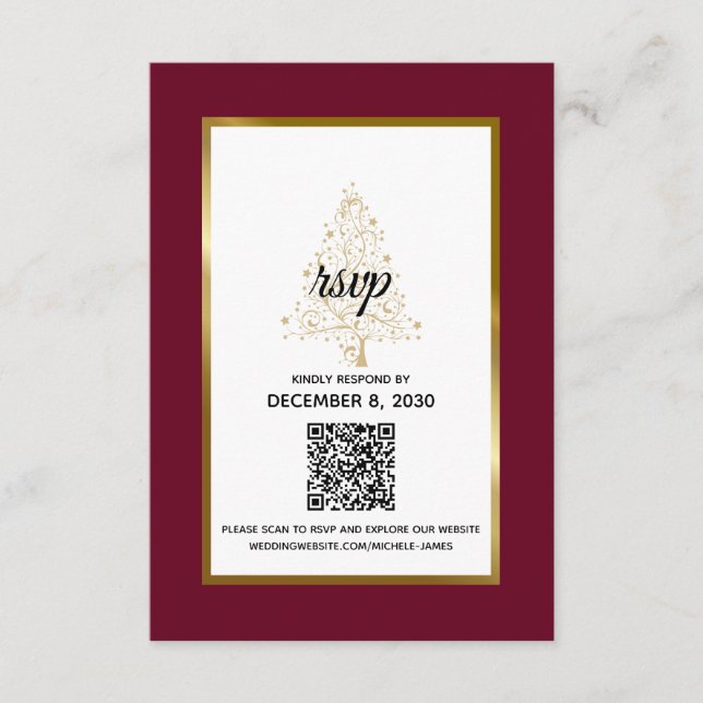 Cartão RSVP Código QR do Casamento no inverno Dourado Elegante (Frente)