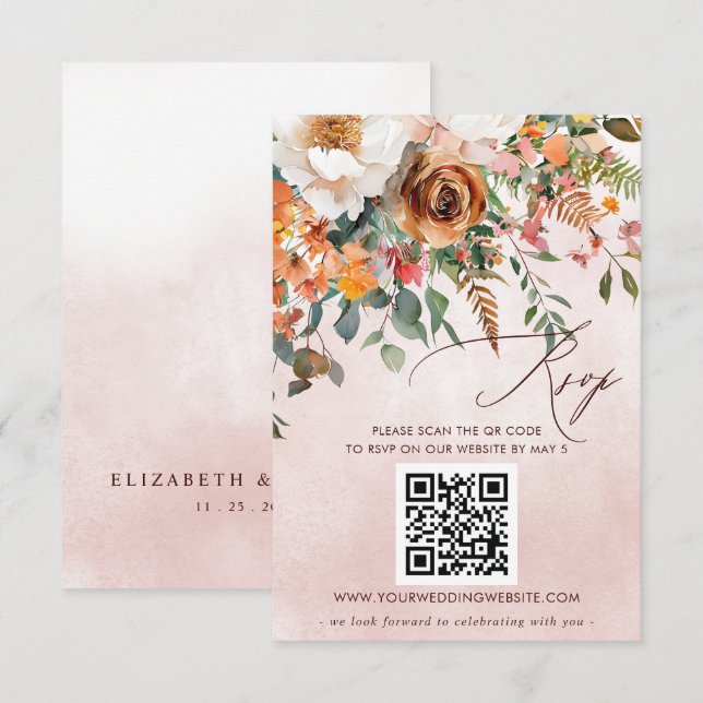 Cartão RSVP CÓDIGO QR do Casamento outono Floral Laranja Russo (Frente/Verso)