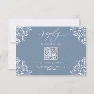 Cartão RSVP Código QR do Casamento vintage Azul Elegante