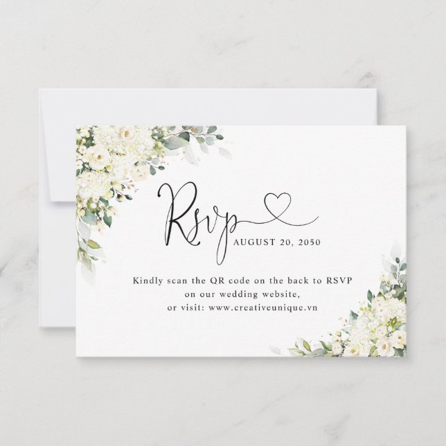 Cartão RSVP Código QR do Site de Casamento com Flores Brancas  (Frente)