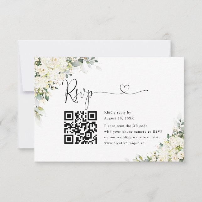 Cartão RSVP Código QR do Site de Casamento de Flores Brancas E (Frente)