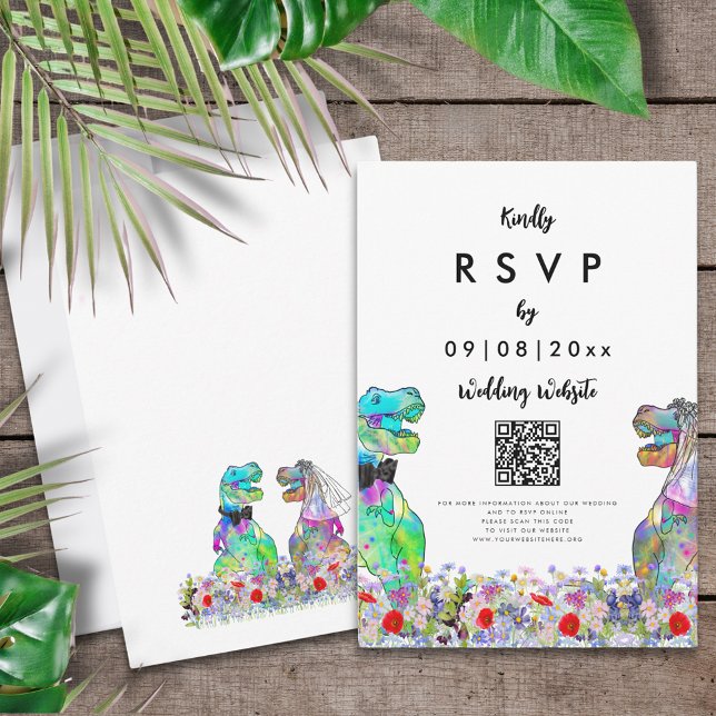Cartão RSVP Código QR do Site de Casamento de Tema do Dinossau (Colorful dinosaur themed wedding online RSVP QR code enclosure card)