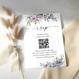 Cartão RSVP Código QR do Site de Casamento Floral Roxo Elegant