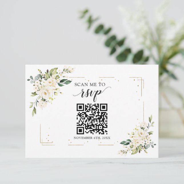 Cartão RSVP Código QR Dourado Branco Adicionar seu Casamento d (Em pé/Frente)