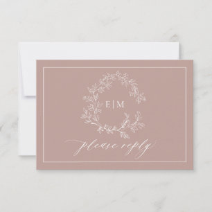 Cartão RSVP Código QR Dusty Rosa Leafy Crest Monograma Casamen