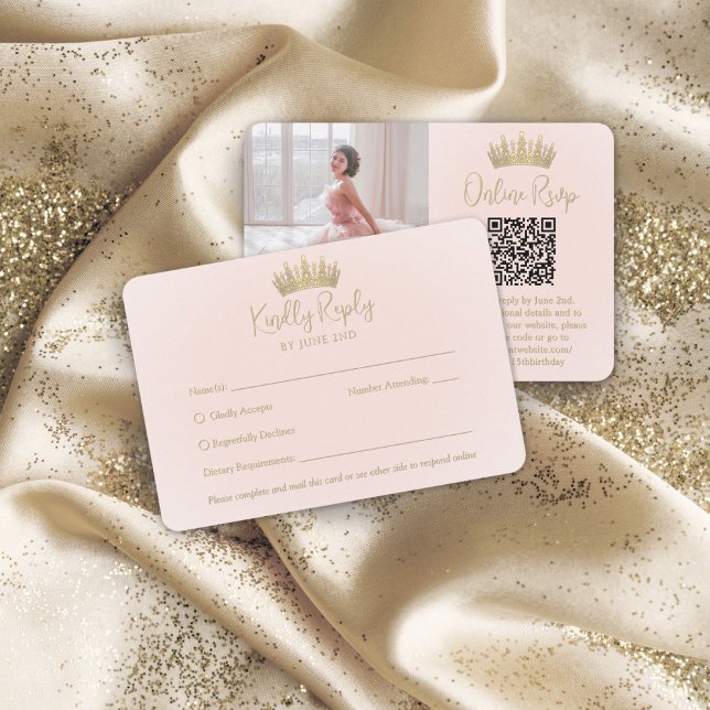 Cartão RSVP Código QR e Foto Elegante Quinceañera Dourada Coro (Criador carregado)