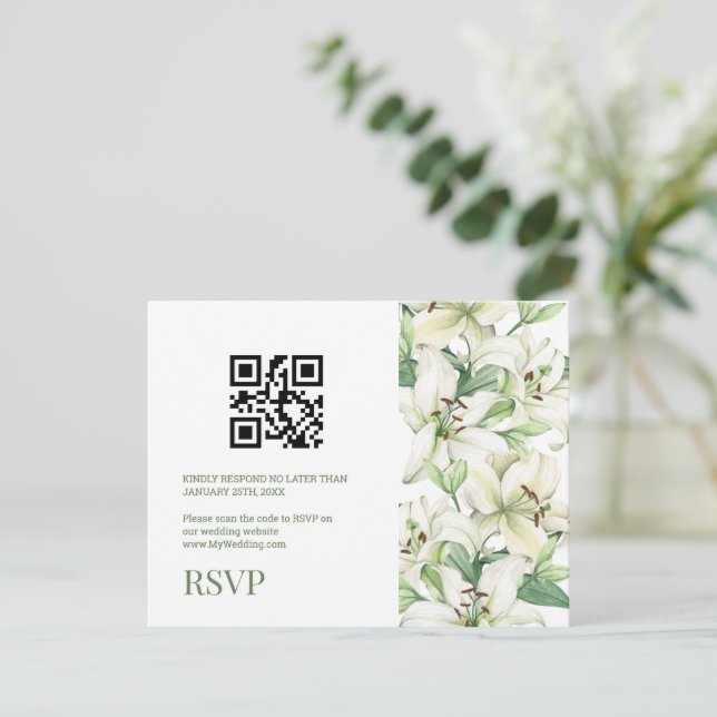 Cartão RSVP Código QR Elegância Flor de LÍRIO (Em pé/Frente)