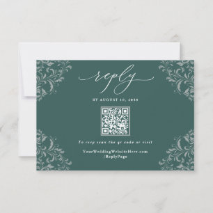 Cartão RSVP Código QR Elegante do Casamento vintage Verde Emer