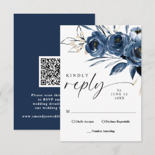 Cartão RSVP Código QR Elegante Escrito Azul Marinho Floral Cas