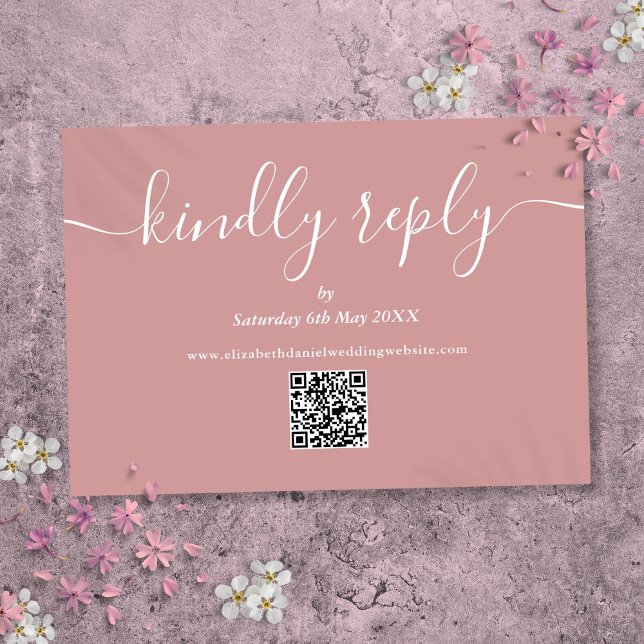 Cartão RSVP Código QR em Rosa Dourado Letra Elegante Responda  (Rose Gold QR Code Elegant Script Kindly Reply RSVP Card)