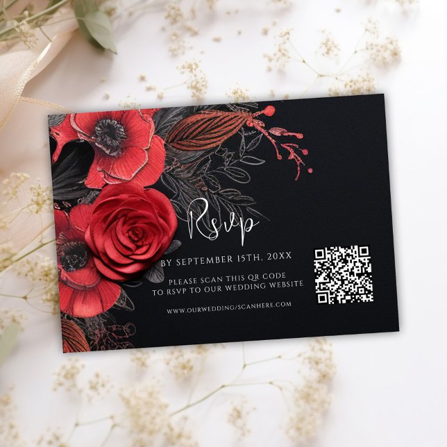 Cartão RSVP Código QR Escuro Casamento Floral (Dark Moody QR Code Floral Wedding RSVP Card)