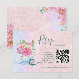 Cartão RSVP Código Qr Floral Aquarela Verde e Rosa Chic