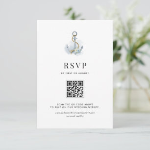 Cartão RSVP Código QR Floral Azul Aquarela Âncora Náutica