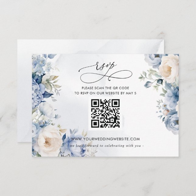 Cartão RSVP CÓDIGO QR Floral Azul Equilibrado Moderno Elegante (Frente/Verso)
