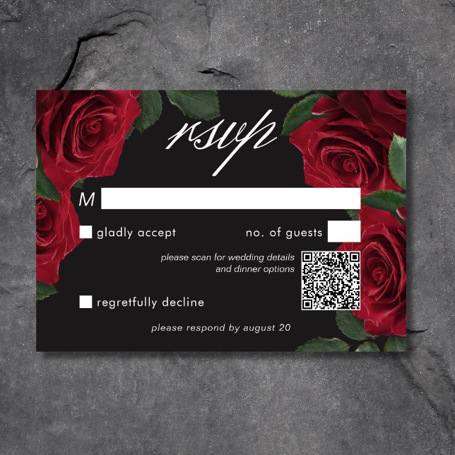 Cartão RSVP Código QR Floral das Rosas vermelhas de Sangue do  (Elegant Moody Blood Red Roses Floral QR Code RSVP Card)