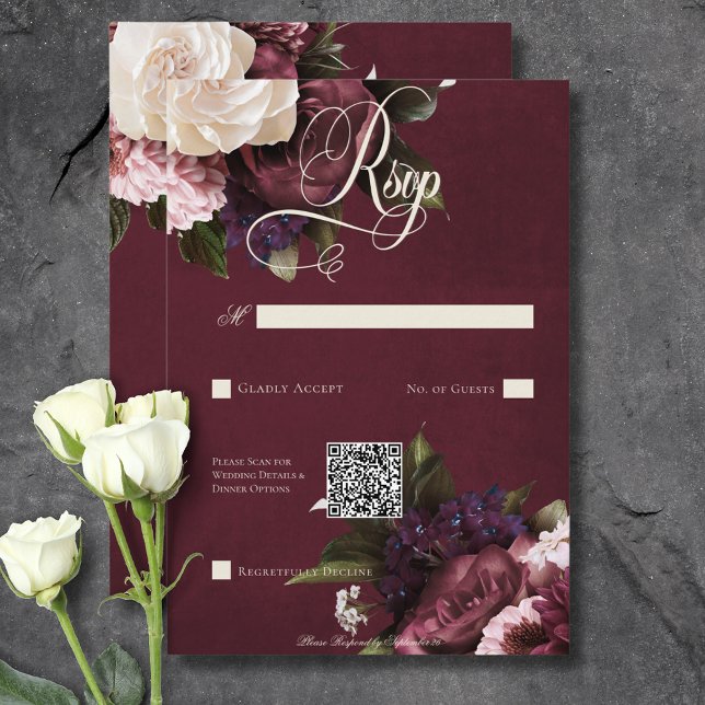 Cartão RSVP Código QR Floral de Borgonha Escuro e Creme (Dark Elegant Burgundy & Cream Floral QR Code RSVP Card)