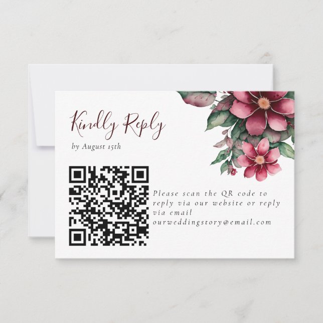 Cartão RSVP Código QR Floral de Casamento Burgundy (Frente)