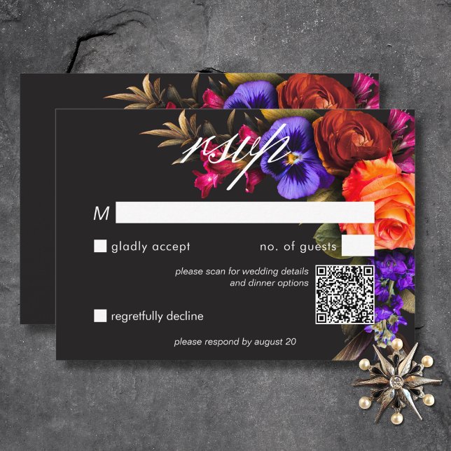 Cartão RSVP Código QR Floral de Colheita de Vibrantes Elegante (Elegant Moody Vibrant Harvest Floral QR Code RSVP Card)