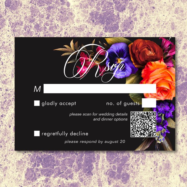 Cartão RSVP Código QR Floral de Colheita de Vibrantes Elegante (Elegant Moody Vibrant Harvest Floral QR Code RSVP Card)