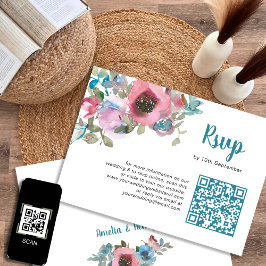 Cartão RSVP Código Qr Floral de Cor de Água Azul e Rosa Elegan