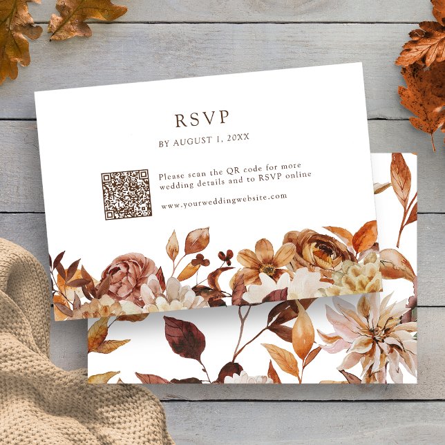 Cartão RSVP Código QR Floral de Folhas de Outono (Modern Fall Leaves Floral QR Code RSVP Card by Painted Paperie
)