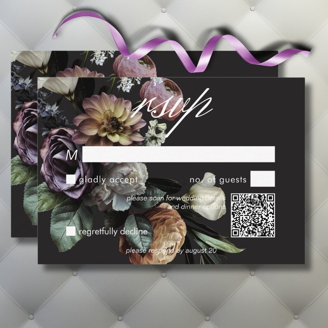 Cartão RSVP Código QR Floral Elegante Moody Twilight Mudou (Elegant Moody Twilight Muted Floral QR Code RSVP Card)