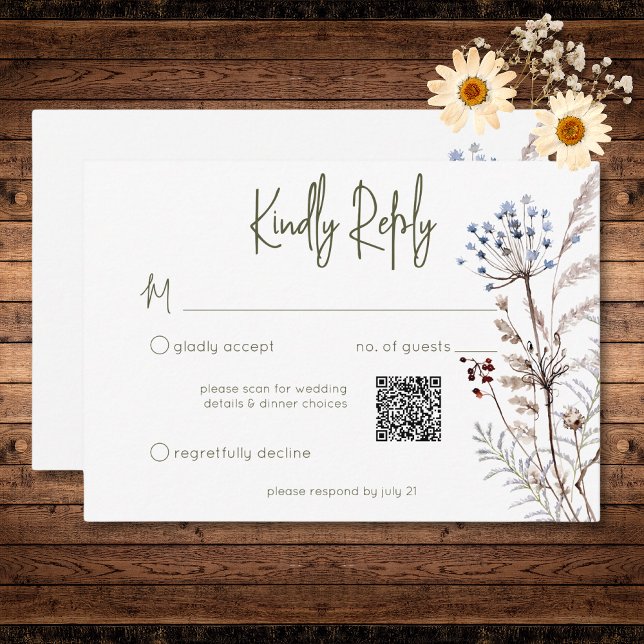 Cartão RSVP Código QR Floral Moderno do Boho Pastel Wildflower (Boho Pastel Wildflowers Modern Floral QR Code RSVP Card)