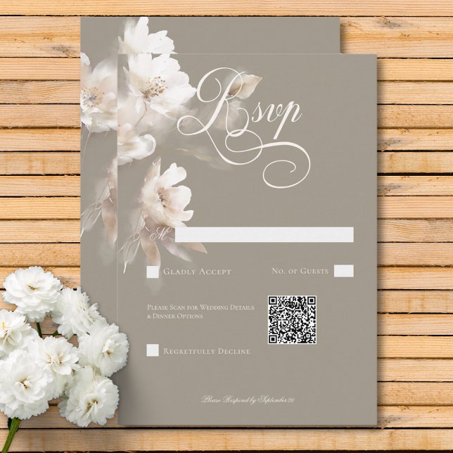 Cartão RSVP Código QR Floral Romântico do bege Neutro (Romantic Ethereal Neutral Beige Floral QR Code RSVP Card)