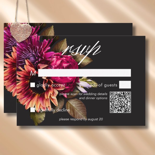 Cartão RSVP Código QR Floral Sunset da Elegante Vibrante Solar (Elegant Moody Vibrant Sunset Floral QR Code RSVP Card)