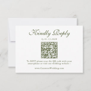 Cartão RSVP Código QR Floral Verde Oliva Elegante para Casamen