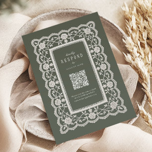 Cartão RSVP Código QR Floral Verde Salvia Vintage Renda Clássi