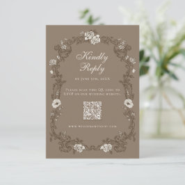 Cartão RSVP Código QR Floral Vintage Marrom
