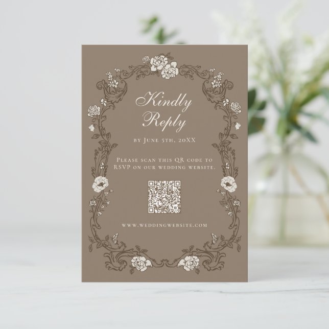Cartão RSVP Código QR Floral Vintage Marrom (Em pé/Frente)