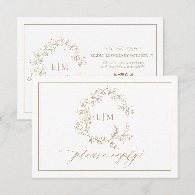 Cartão RSVP Código QR Folheto Dourado Folheto Monograma Casame (Frente/Verso)
