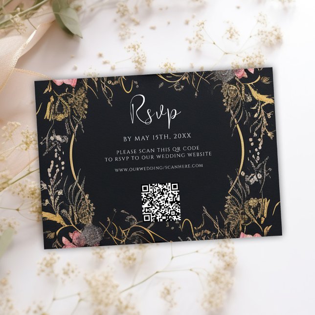 Cartão RSVP Código QR Gótico Casamento Floral de Caveira (Gothic QR Code Skull Floral Wedding RSVP Card)