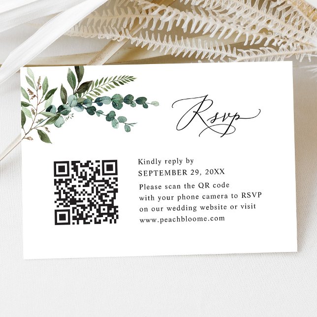 Cartão RSVP Código QR Modern Boho Greenery Casamento (Criador carregado)
