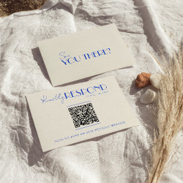 Cartão RSVP Código QR Moderno Blue Retro Casamento Whimsical F