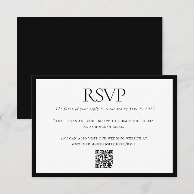 Cartão RSVP Código QR Personalizado de Casamento Branco Negro  (Frente/Verso)