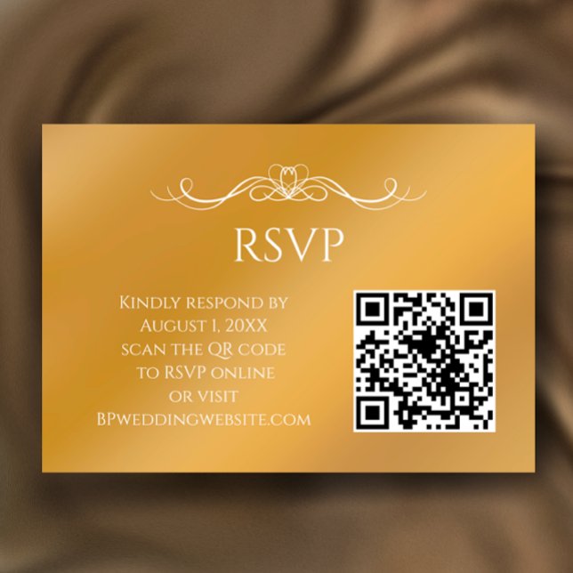 Cartão RSVP Código QR Personalizado Gradiente Dourado Moderno  (Customize this faux gold gradient RSVP card with your QR code and elegant calligraphy script.)