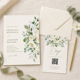 Cartão RSVP Código QR Personalizado Moderno Botânico Casamento