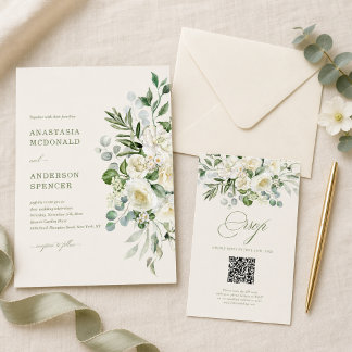 Cartão RSVP Código QR Personalizado Moderno Botânico Casamento