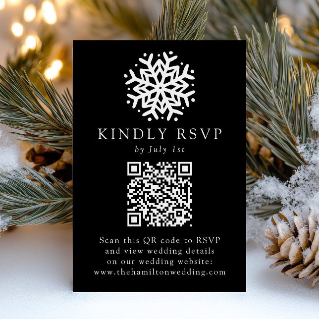 Cartão RSVP Código QR Preto de Floco de Neve Simples para Casa (Criador carregado)