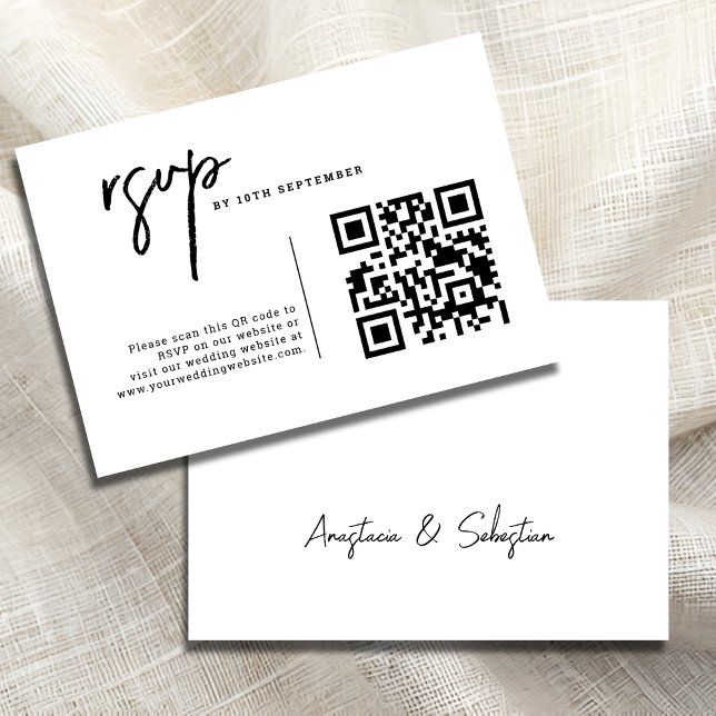 Cartão RSVP Código QR preto e branco moderno Casamento (Modern Chic Black and White QR code Wedding RSVP Card)