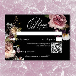 Cartão RSVP Código QR Preto Floral Opulente do Pastel Motivo E