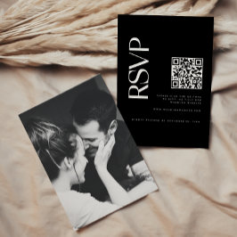 Cartão RSVP Código QR Preto Moderno Foto de Casamento