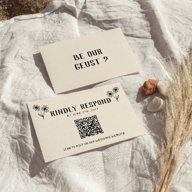 Cartão RSVP Código QR Retro Desenho Falso Simbular Casamento (Criador carregado)