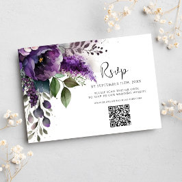 Cartão RSVP Código QR Roxo Moderno Elegante Floral Casamento