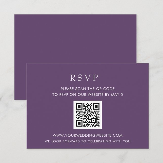 Cartão RSVP CÓDIGO QR Roxo Moderno Elegante Simples (Frente/Verso)