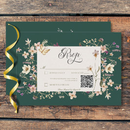 Cartão RSVP Código QR Russo de Frame de Flor Selvagem Emerald 